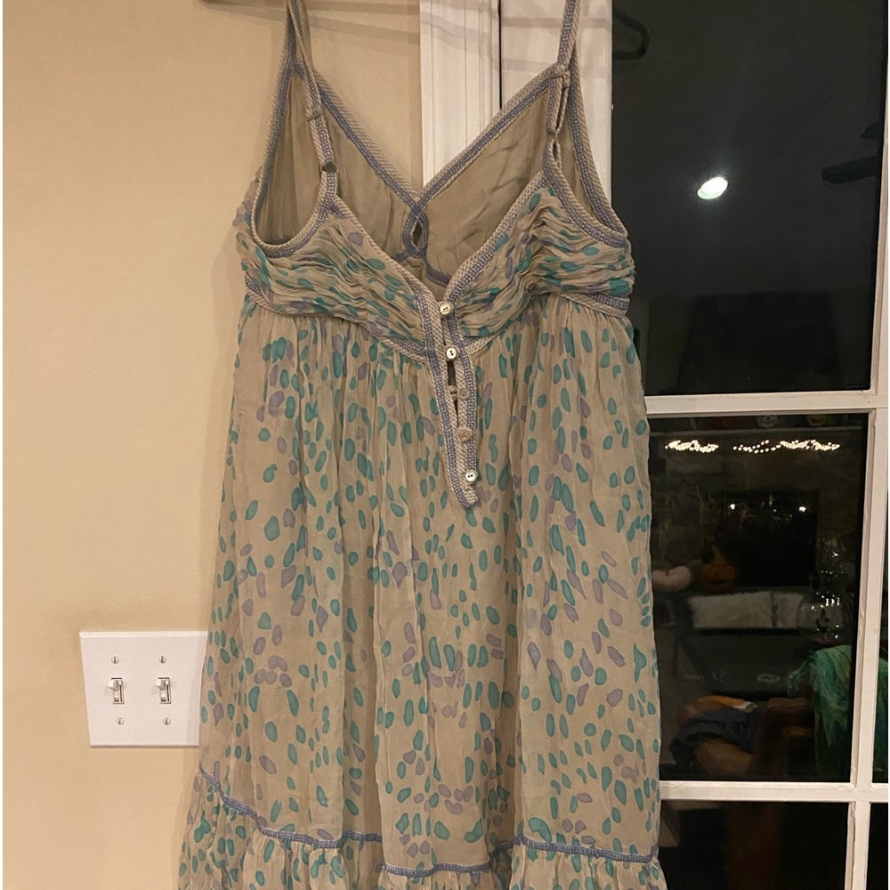 Sleeveless Beige Summer Dress with Teal & Lavender Dot Print